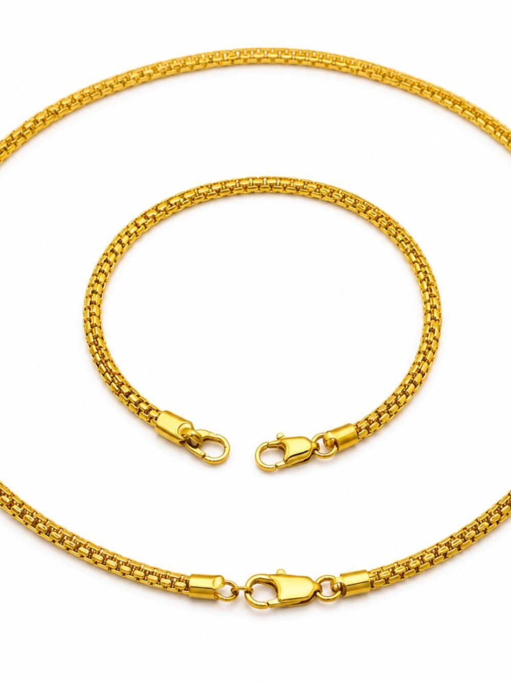 CH-02--18K Gold Plated Box Chain Necklace Bracelet Set Gold Tone Unisex